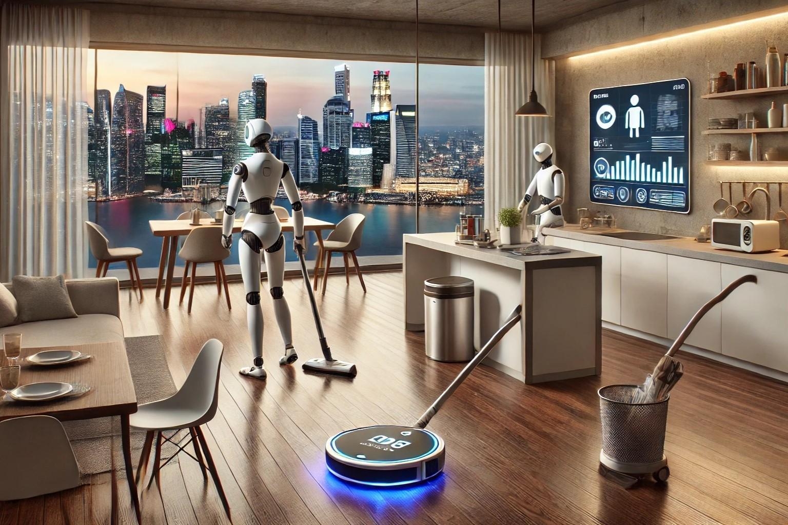 CHAT GPT- A futuristic household scene where AI-powered robots are performing household chores. A sleek robotic vacuum cleaner operates on a polished wooden floor